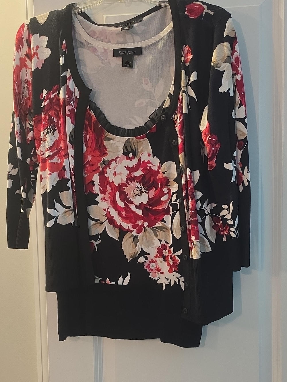 White House Black Market Black Floral Cardigan and Shell Set